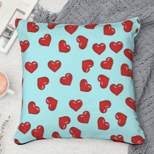 Lovers red heart pattern on Teal Blue Cushion