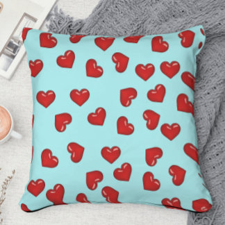 Lovers red heart pattern on Teal Blue Cushion