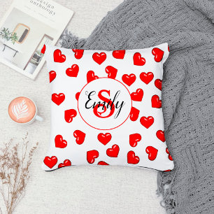 Lovers red heart pattern on white monogrammed cushion