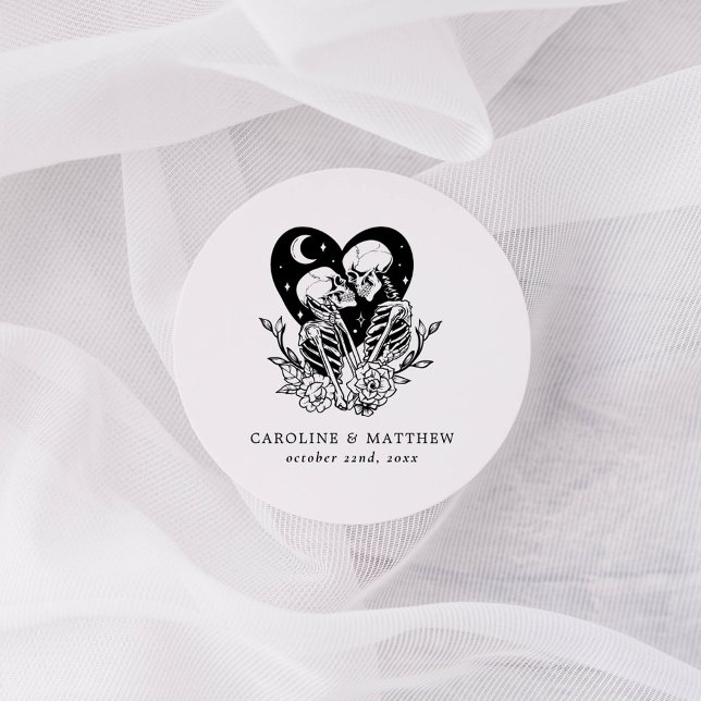 Lovers Until Death Skeletons & Roses Wedding Classic Round Sticker (Creator Uploaded)