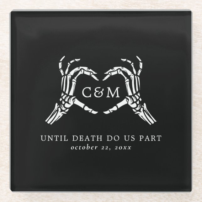 Lovers Until Death Skeletons & Roses Wedding Glass Coaster (Front)