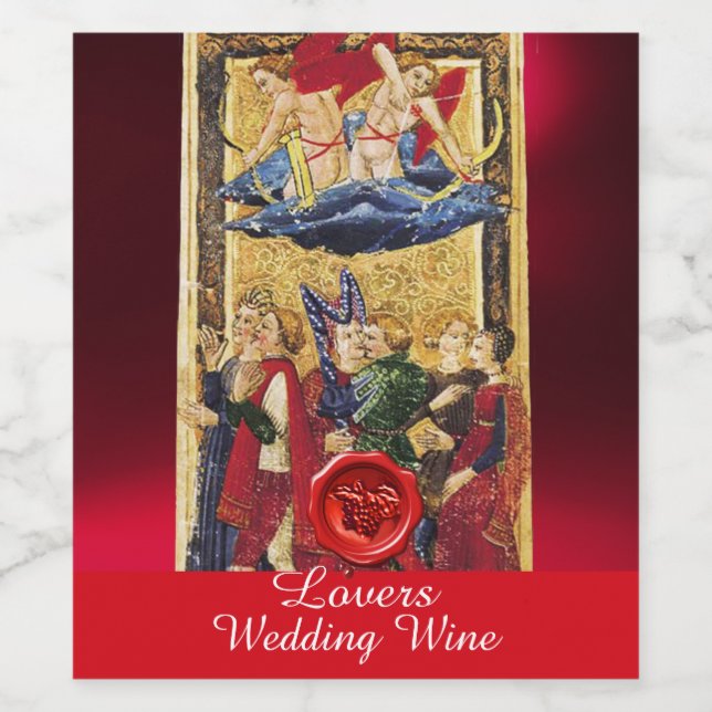 LOVERS WEDDING WINE RED WAX SEAL/ ANTIQUE TAROTS WINE LABEL (Single Label)