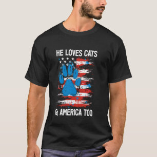 Loves Cats and America Too - Patriotic America Cat T-Shirt