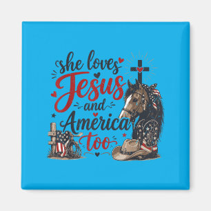 Loves Jesus Aamerica Too 4th July Horse Christian Magnet