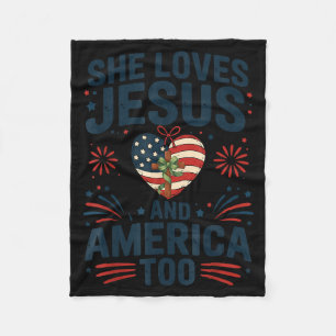 Loves jesus and america too american flag patrioti fleece blanket