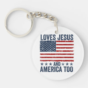 Loves Jesus and America Too God Christian 4th of J Key Ring