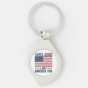 Loves Jesus and America Too God Christian 4th of J Key Ring