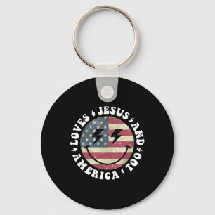 Loves Jesus And America Too God Christian 4th Of J Key Ring