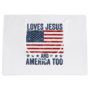 Loves Jesus and America Too God Christian 4th of J Large Gift Bag