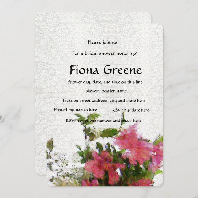 Love's Pink Azalea bridal shower invitation lace (Front/Back)
