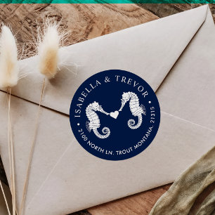 Love's Tide   Dual Seahorse Navy Return Address Classic Round Sticker