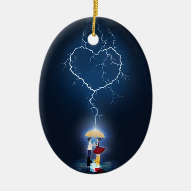 "Lovestruck" Moment Under an Umbrella Custom Ceramic Ornament (Front)