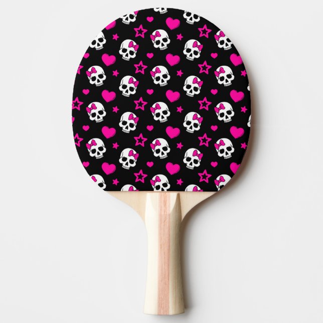 Lovey Goth Skulls in Bright Pink Ping Pong Paddle (Front)