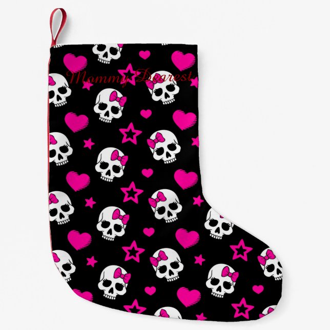 Lovey Goth Skulls in Bright Pink Small Christmas Stocking (Front)