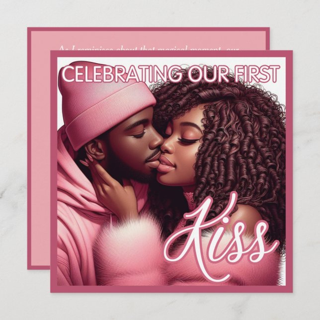 Loving African American Couple First Kiss Pink Holiday Card (Front/Back)