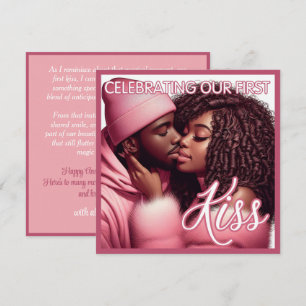 Loving African American Couple First Kiss Pink Holiday Card