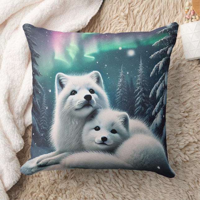 Loving Arctic Foxes Northern Lights Snowy Forest Cushion (Blanket)