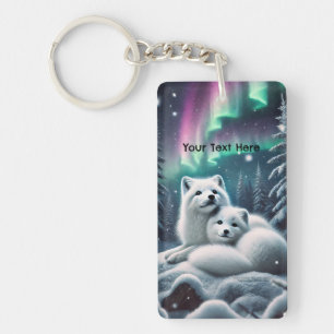 Loving Arctic Foxes Northern Lights Snowy Forest Key Ring