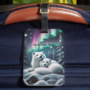 Loving Arctic Foxes Northern Lights Snowy Forest Luggage Tag