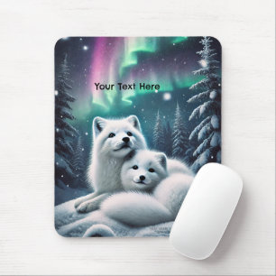 Loving Arctic Foxes Northern Lights Snowy Forest Mouse Pad