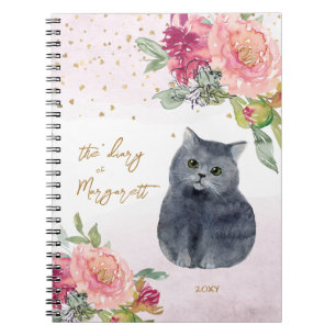 Loving Cat Illustration Flowers Girl's Daily Diary Notebook