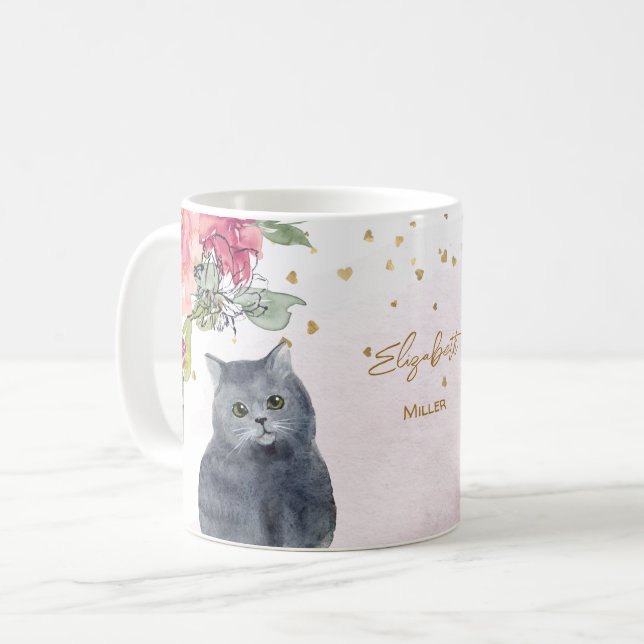 Loving Cat Illustration Gold Glitter Girl Gift  Coffee Mug (Front Left)