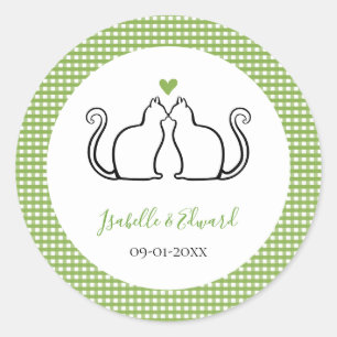 Loving Cats Heart Green & White Gingham Names Classic Round Sticker