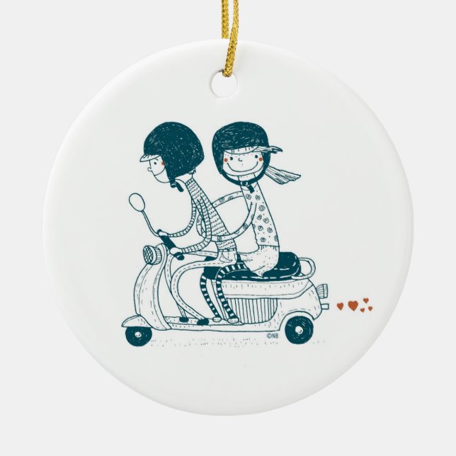 Loving Couple on Vespa with Custom Names Ornament (Front)