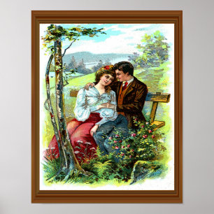 Loving Couple Vintage Hugging Bench Floral Poster