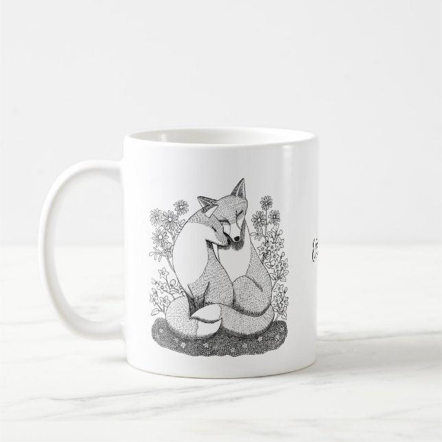 Loving Fox couple Snuggle Ink Drawing Custom Art  Coffee Mug (Left)