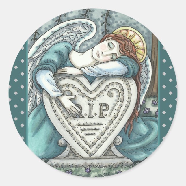 LOVING GUARDIAN ANGEL, CEMETERY MOURNING ART RIP CLASSIC ROUND STICKER (Front)