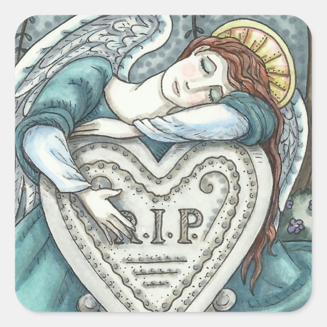 LOVING GUARDIAN ANGEL, CEMETERY MOURNING ART RIP SQUARE STICKER (Front)