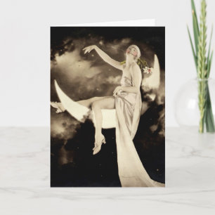 Loving Life Flapper on Moon Vintage photo card