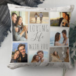 Loving Life with You 7 Photo Collage Grey Marble Cushion<br><div class="desc">Chic and stylish photo collage pillow which you can personalise with 7 of your favourite photos. The template is set up ready for you to add your photos, working clockwise from the top left. Your photos are set against a modern watercolor marble in grey and white. The wording reads "loving...</div>