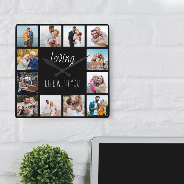 Loving Life with You Quote 12 Photo Black Square Wall Clock (Photo Clock - perfect for wedding anniversary, newlyweds and happy families)