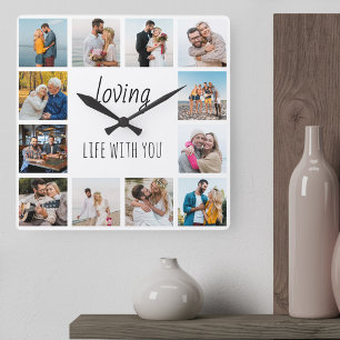 Loving Life with You Quote 12 Photo White Square Wall Clock