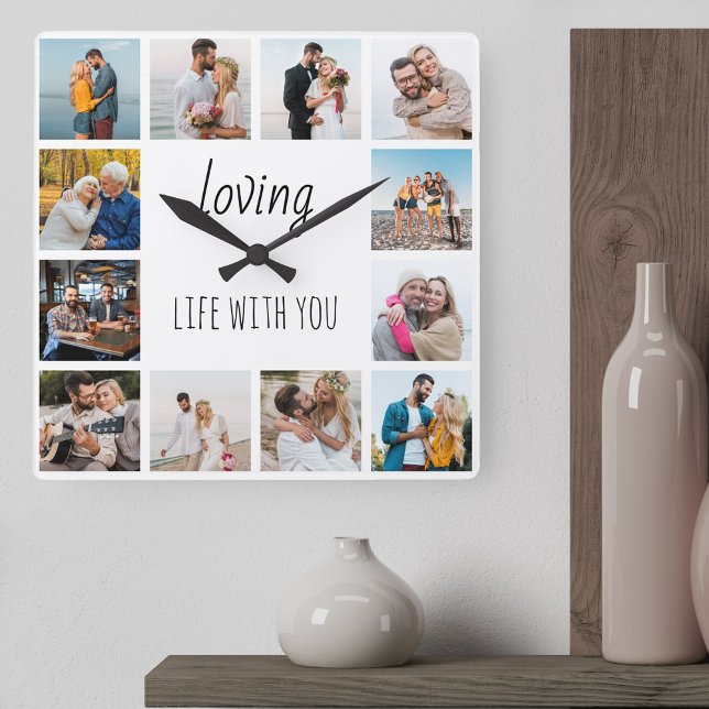 Loving Life with You Quote 12 Photo White Square Wall Clock (Loving life with you .. stylish useful photo gift for romantic couples, anniversary, engagement ..)