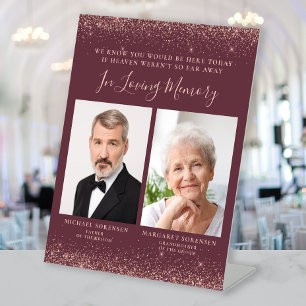 Loving Memory 2 Photo Burgundy Rose Gold Wedding Pedestal Sign