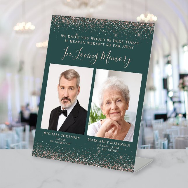 Loving Memory 2 Photo Dark Green Rose Gold Wedding Pedestal Sign (Creator Uploaded)
