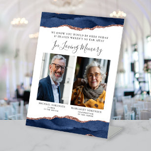 Loving Memory 2 Photo Navy Blue Rose Gold Wedding Pedestal Sign