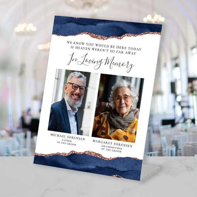 Loving Memory 2 Photo Navy Blue Rose Gold Wedding Pedestal Sign (Creator Uploaded)