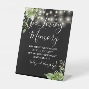 Loving Memory Black Greenery String Lights Wedding Pedestal Sign