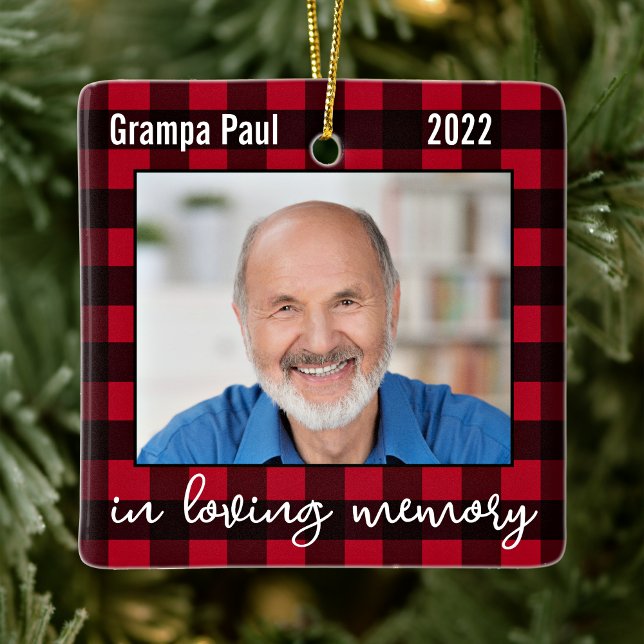 Loving Memory Christmas Keepsake Red Plaid 2 Photo Ceramic Ornament (Creator Uploaded)