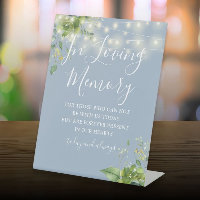 Loving Memory Greenery Lights Dusty Blue Wedding Pedestal Sign (Loving Memory Greenery Lights Dusty Blue Wedding Pedestal Sign)