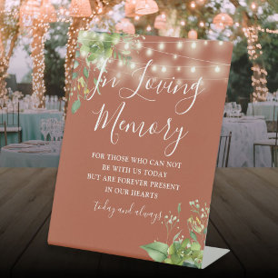 Loving Memory Greenery Lights Terracotta Wedding Pedestal Sign