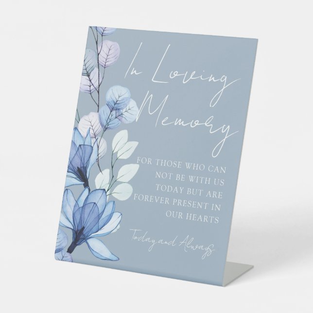 Loving Memory Memorial Floral Dusty Blue Wedding Pedestal Sign (Front)