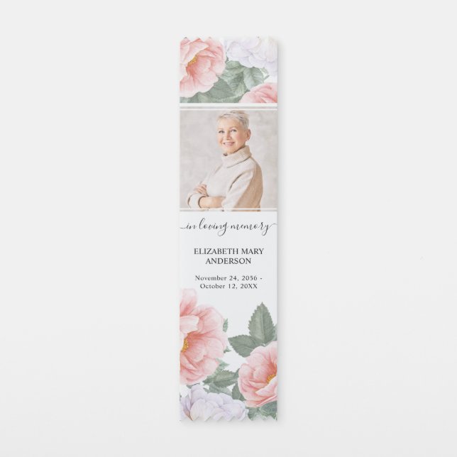Loving Memory Memorial Pink Floral Photo Bookmark (Front)