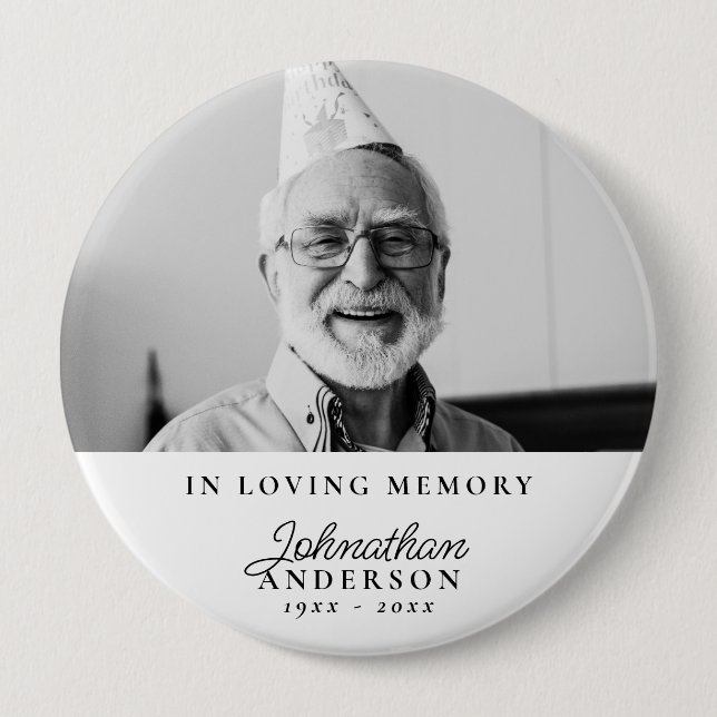 Loving Memory Modern Black & White Photo Funeral 10 Cm Round Badge (Front)