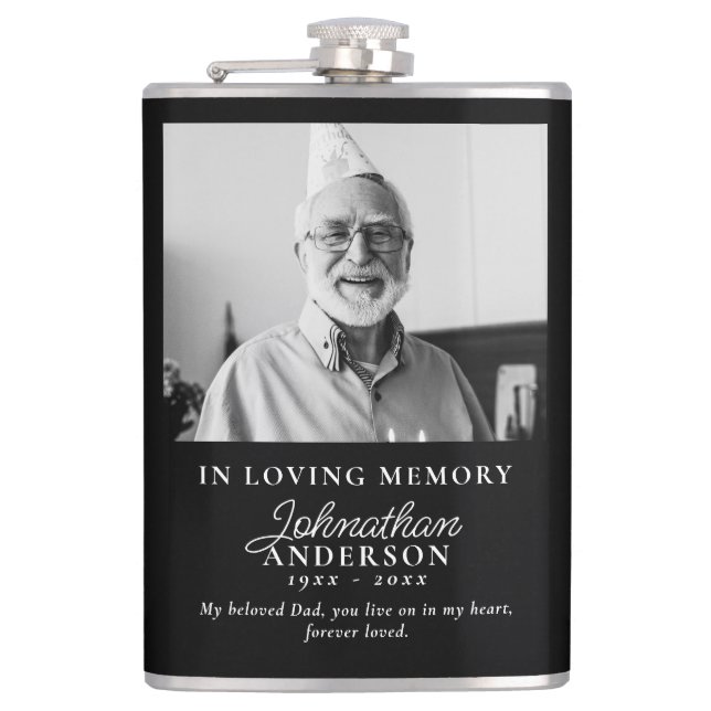 Loving Memory Modern Black & White Photo Memorial Hip Flask (Front)
