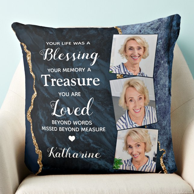 Loving Memory Personalised 3 Photo Blue Memorial Cushion (Creator Uploaded)